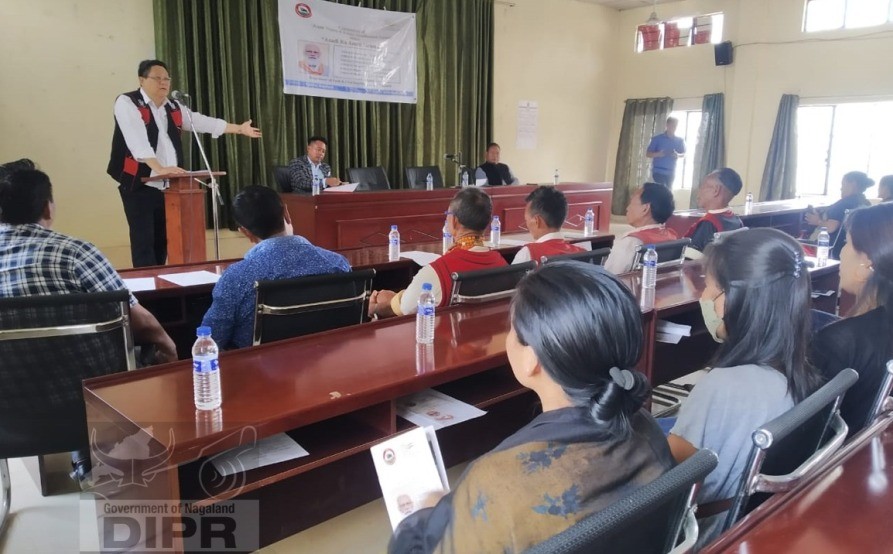 DC Kiphire, T Wati Aier addressing the celebration of Anna Yojana & Public Distribution System at DC's Conference Hall, Kiphire on April 27. (DIPR Photo)